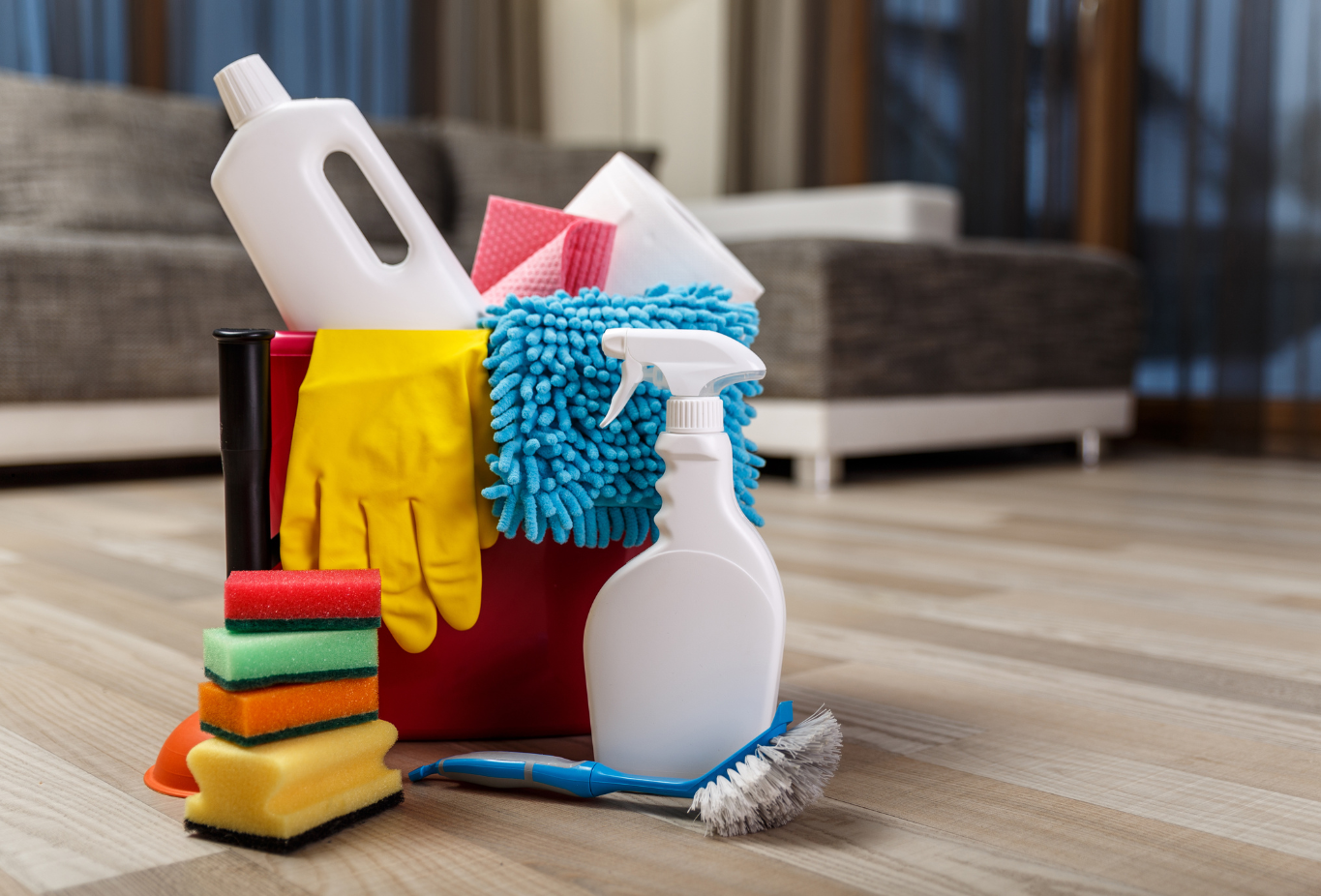 bucket full of cleaning supplies